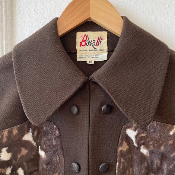 Mod  60s / 70s Double Knit Animal Print Velveteen Vintage Crop Jacket Big Collar - Picture 2 of 13